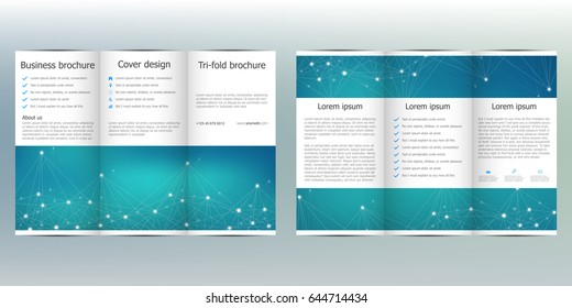 Tri-fold brochure template with molecular background. Vector illustration