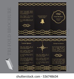 Tri-fold brochure template with nautical elements in gold and black colors