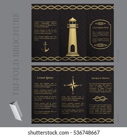 Tri-fold brochure template with nautical elements in gold and black colors
