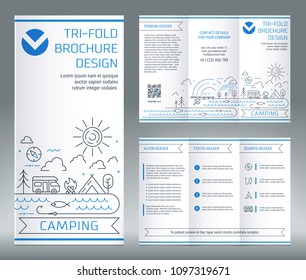 Tri-fold brochure template, on the topic of recreation and tourism. Camping and fishing tools. Vector modern line art illustration.
