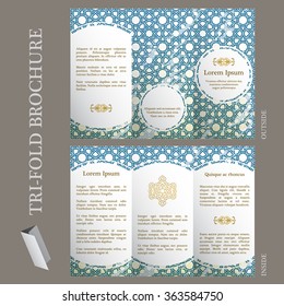 Tri-fold brochure template with ottoman arabesque pattern