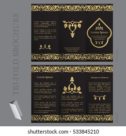 Tri-fold brochure template with ottoman arabesque pattern in gold and black colors
