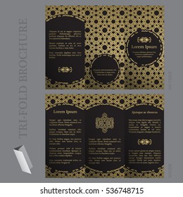 Tri-fold brochure template with ottoman arabesque pattern in gold and black colors