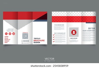 Trifold Broschüre Template Rot. Einfache und minimalistische Gestaltung, kreative Tri-Fold, Trendbroschüre