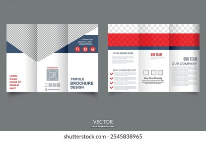 Trifold Broschüre Template Rot. Einfache und minimalistische Gestaltung, kreative Tri-Fold, Trendbroschüre