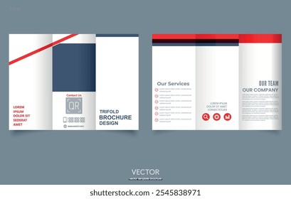 Trifold Broschüre Template Rot. Einfache und minimalistische Gestaltung, kreative Tri-Fold, Trendbroschüre