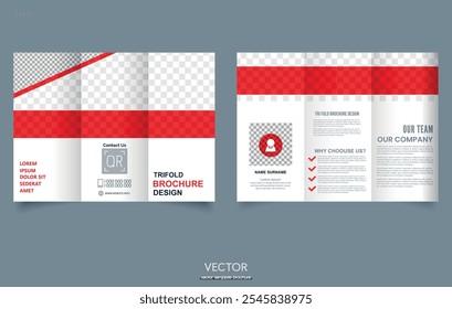 Trifold Broschüre Template Rot. Einfache und minimalistische Gestaltung, kreative Tri-Fold, Trendbroschüre