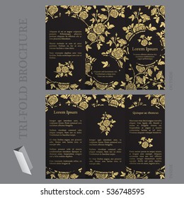 Tri-fold brochure template with roses in gold and black colors