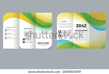 Trifold brochure template with Yellow green dynamic gradient waves. Editable image.