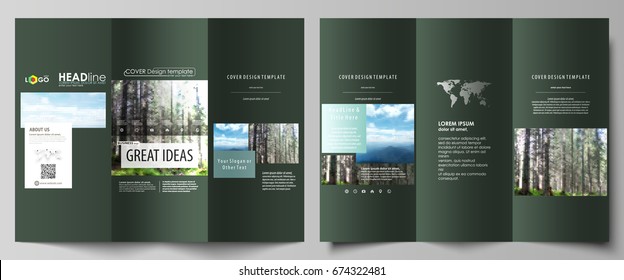 Tri-fold brochure templates on both sides. Abstract vector layout in flat design. Colorful background made of triangular or hexagonal texture for travel business, natural landscape in polygonal style.