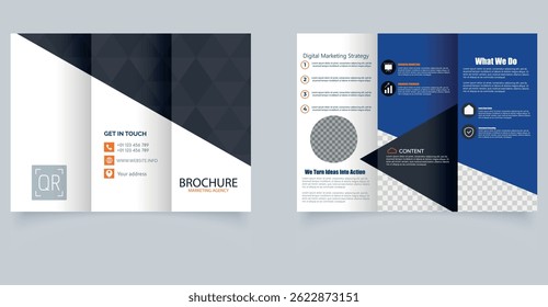 Trifold brochure with triangles for marketing agency. Corporate business flyer in modern style.