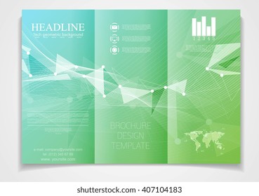 Tri-fold brochure vector design template. Corporate flyer with low poly and waves