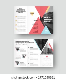 Trifold Brochure Vector Template With Triangular Design, With Place For Photo, Realistic Shadows. Leflet For Business Concept,menu,informative Booklet. Set Of Presentation Covers For Print,advertising
