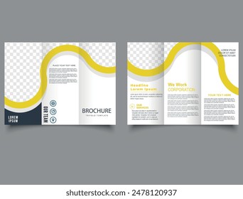 Trifold brochure with yellow line. Vector template for trifold design. Vector