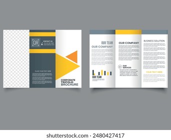 Trifold brochure with yellow triangles. Flyer report template vector minimal flat design. Modern yellow trifold brochure.
