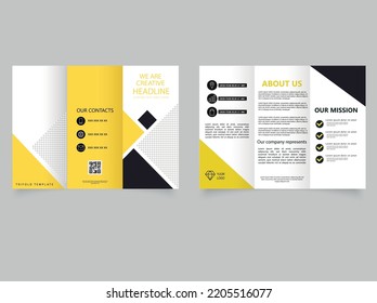 Folleto triple con triángulos amarillos. Plantilla de vectores. Diseño y folleto de tres pliegues conceptuales,