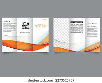 Trifold brochure with yellow waves, transition. Vector editable template. For business.