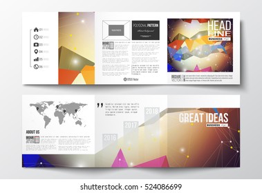 Tri-fold brochures, square design templates. Molecular construction with connected lines and dots, scientific pattern on abstract colorful polygonal background, modern stylish triangle vector texture.