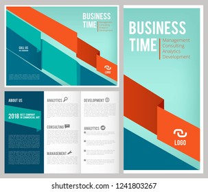 Trifold business brochure. 3 leaflet cover and pages design template business magazine with place for your text vector mockup