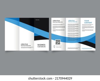 Trifold business brochure with blue line. Template for print, presentation.