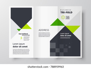 Tri-fold business brochure design template triangles, creative leaflet green color