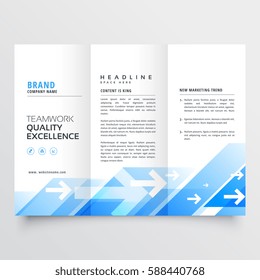 tri-fold business brochure with geometric blue shapes and arrow