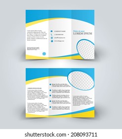 Trifold business brochure leaflet template white, blue and yellow elements. Vector illustration.