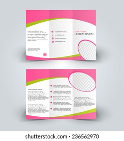 Trifold business brochure leaflet template white, pink and green elements. Vector illustration.