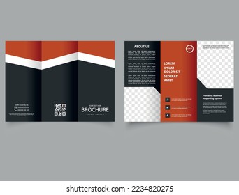 Tri-fold business brochure template, corporate flyer or cover design in black. Dark design. Vector template. Advertising leaflet.