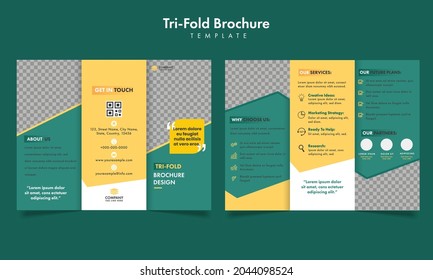 Tri-Fold Business Brochure Template Design With Double-Side On Green Background.