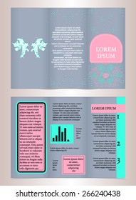 Tri-fold business brochure template design with vintage elements on gray background. Flyer  of the size is A4