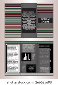 Tri-fold business brochure template design with geometric elements on the black background. Flyer  of the size is A4