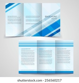 Tri-fold business brochure template, two-sided template design, mock-up cover in blue  colors 