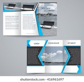 Tri-fold business brochure template, two-sided template design in blue color.