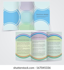 Tri-fold business brochure template, vector blue flyer design with green and purple elements