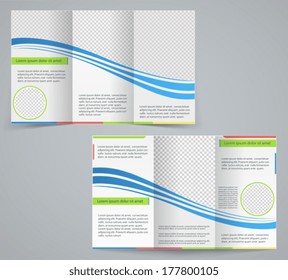 Tri-fold business brochure template, vector blue design flyer with stripes