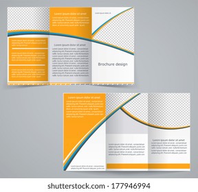 Tri-fold business brochure template, vector orange design flyer