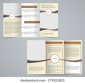 Tri-fold business brochure template, vector brown design flyer