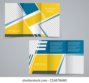 Tri-fold business brochure template, vector yellow-blue design flyer 