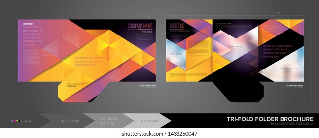 A trifold business folder template in vector format. The design for paper size a4, also has a guideline of bleed area 3 mm., crop masks and CMYK color.