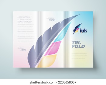 Trifold Cmyk polygraphy feather pen theme Cover design template vector