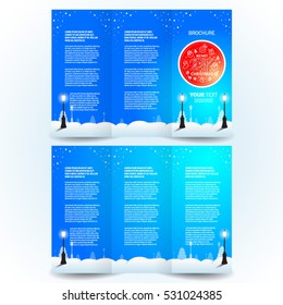 Tri-fold design template cover brochure merry christmas, xmas 2017 blue color