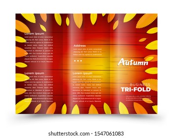 Tri-fold foliage yellow Autumn theme. Cover design template Brochure brown boards background