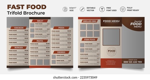 Trifold Food menu Brochure Template. restaurant menu. Fast-food healthy meals delicious food, dessert trifold design.