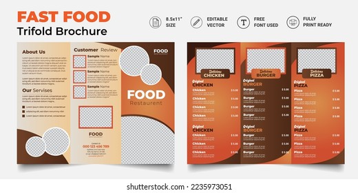 Trifold Food menu Brochure Template. restaurant menu. Fast-food healthy meals delicious food, dessert trifold design.