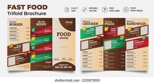 Trifold Food menu Brochure Template. restaurant menu. Fast-food healthy meals delicious food, dessert trifold design.