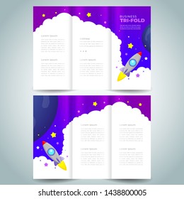 Tri-fold Galaxy Rocket fly sky theme brochure design template 