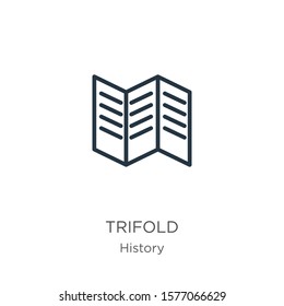 Trifold icon. Thin linear trifold outline icon isolated on white background from history collection. Line vector sign, symbol for web and mobile