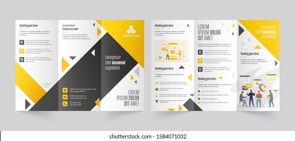 Tri-Fold Leaflet or Brochure layout with Business People Character and Infographic Elements in Font and Back View.