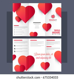 Tri-Fold Leaflet, Brochure or Template with beautiful red hearts decoration.